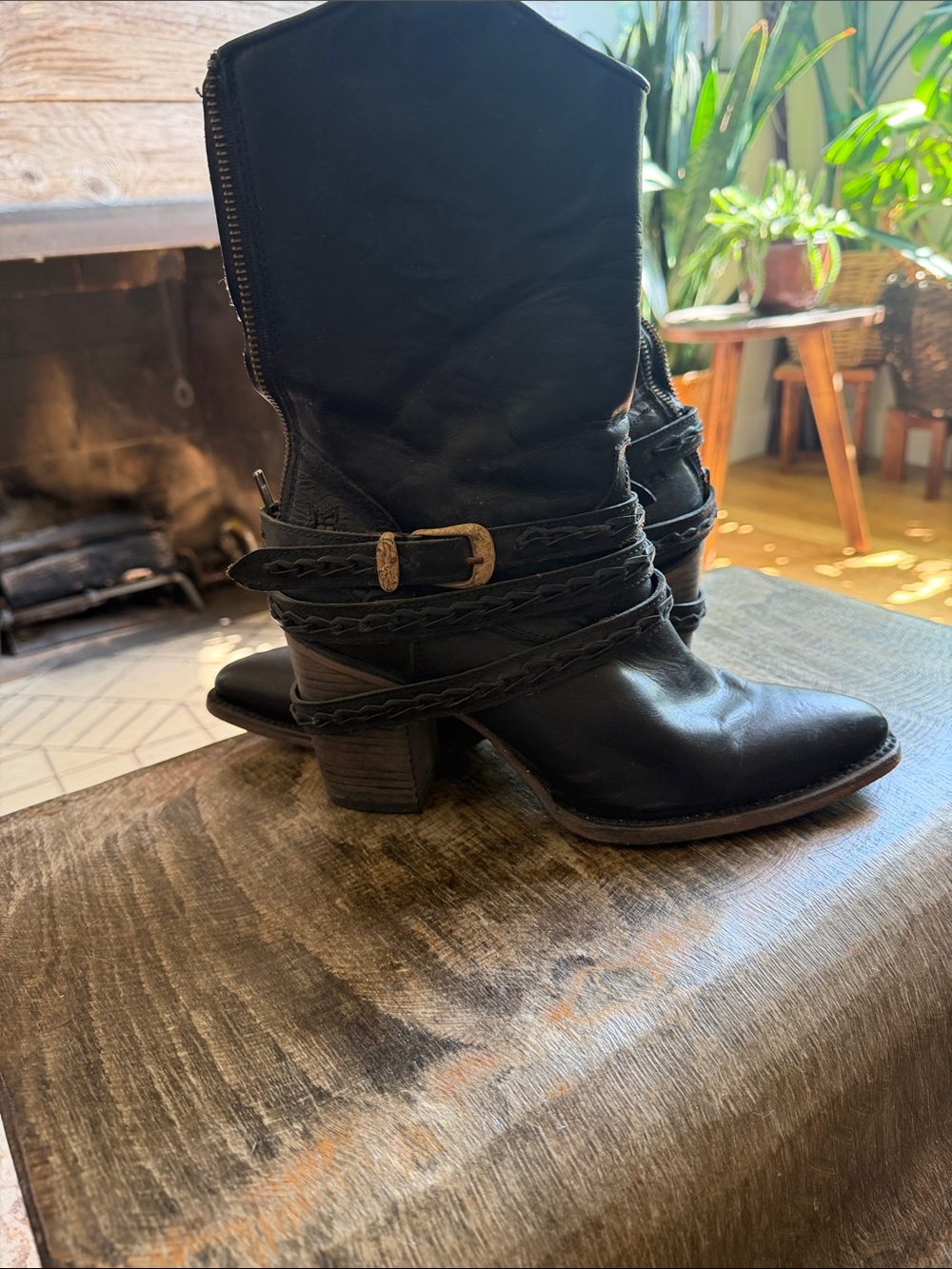 Black Women's Mid-Calf Western Boot with Braided Strap